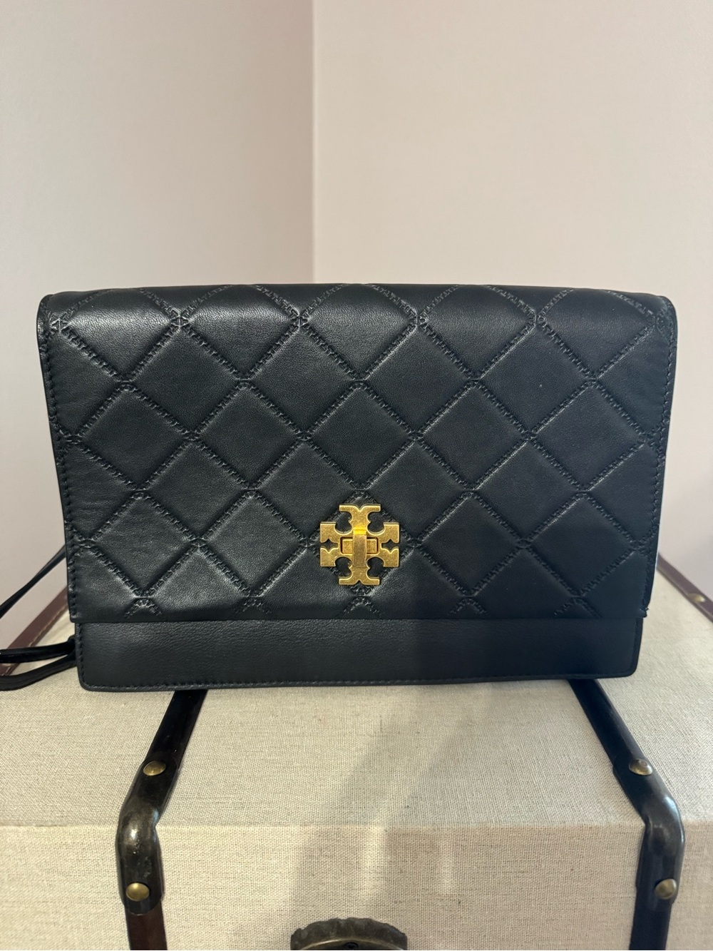 Tory Burch Black Quilted Crossbody  Leather Bag with Gold Logo (Removable strap)